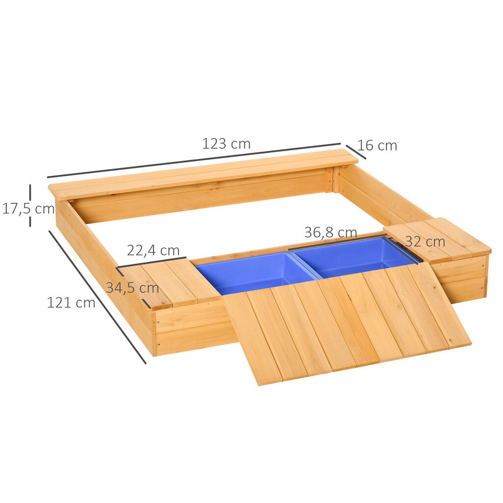 Outsunny smilšu kaste koka putekļu necaurlaidīgs jumts 2 glabāšanas kastes 3-6 gadi 125x121x17,5cm cena un informācija | Smilšu kastes, smiltis | 220.lv