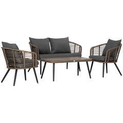 Комплект садовой мебели Outsunny Polyrattan на 4 персоны Rat Sofa Set Seating Group Tea Table with Sofa Cushions Steel Brown+Grey цена и информация | Комплекты уличной мебели | 220.lv