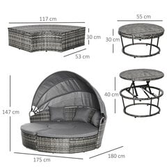 Outsunny saules salas rotangpalmas atpūtas grupa ar saulessargu sēdvietu grupa ar spilveniem un sānu galdiņu, regulējams augstums, metāls, pelēks 175x180x147cm cena un informācija | Dārza mēbeļu komplekti | 220.lv