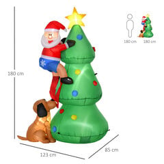 HOMCOM Piepūšamā Ziemassvētku eglīte ar Ziemassvētku vecīti un suni 180 cm Ziemassvētku rotājums LED Pašpiepūšams poliestera zaļš 123 x 85 x 180 cm cena un informācija | Ziemassvētku dekorācijas | 220.lv