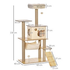 PawHut koka kaķu koks kaķiem, kāpšanas koks ar kaķu alu, džutas baļķi, spēļu bumbiņas, dzeltens, 60x40x130cm cena un informācija | Kaķu mājas, nagu asināmie | 220.lv