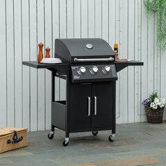 Outsunny gāzes grils BBQ ar 3 degļiem katrā 3 kw mobilais grila ratiņi ar 4 riteņiem grila tīkls sānu galdi spiediena reduktors šļūtenes tērauds 121 x 55 x 109cm cena un informācija | Grili | 220.lv