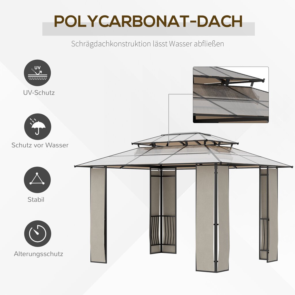 Outsunny dārza paviljons ar saulessargu Izturīgs paviljons no polikarbonāta plāksnēm, UV aizsardzība, ūdensnecaurlaidīgs, brūns+ gaiši pelēks, 3,65x3x2,75m cena un informācija | Dārza nojumes un lapenes | 220.lv