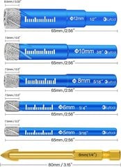 Сверло для плитки, алмазное сверло, набор сверл по стеклу, 5 шт. 5, 6, 8, 10, 12 мм для керамики, гранита, стекла, фарфора, кафеля, твердой плитки, мелкая цена и информация | Механические инструменты | 220.lv