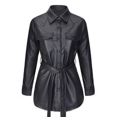 (xS-Black)TMODA1062 2024 Sieviešu siltas melnas mākslīgās ādas jakas AR Blet Vintage Motor Biker PU Mēteļi Eleganta kabatas pogas Virsdrēbes cena un informācija | Sieviešu mēteļi | 220.lv