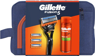 Komplekts Gillette Fusion5: skuveklis + skuvekļu galviņas, 4 gab. + skūšanās želeja, 200 ml + kosmētikas soma cena un informācija | Skūšanās piederumi, kosmētika | 220.lv