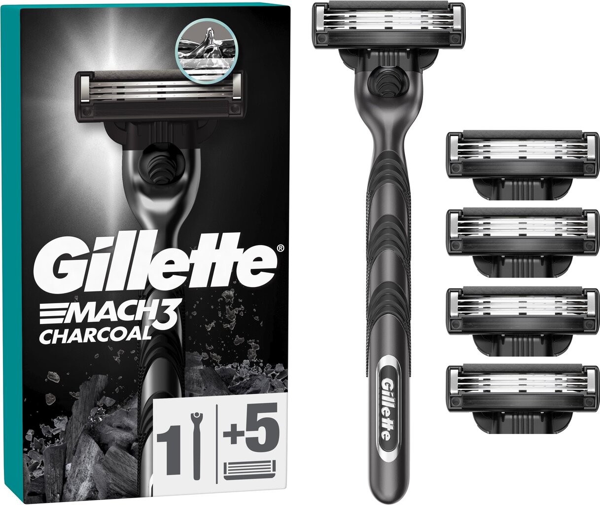 Skuvekļu galviņas Gillette Mach3 Charcoal 5 gab. + kātiņš cena un informācija | Skūšanās piederumi, kosmētika | 220.lv