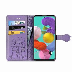 Korpuss Samsung Galaxy A71 4g Flip Wallet ar reljefu vāciņu Etui Housse kaķu suņu raksts - violets cena un informācija | Telefonu vāciņi, maciņi | 220.lv