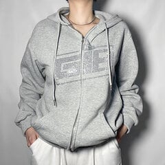 (3xL-EA00113-Grey) Rhinestone Skeleton Hoodies Sieviešu Gothic Retro ar rāvējslēdzēju Lielizmēra jaka Mēteļi Sieviešu Harajuku džemperi ar kapuci Y2K ielas apģērbs цена и информация | Женские пальто | 220.lv