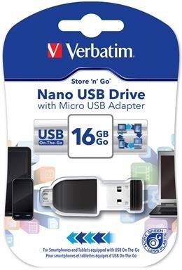 USB Verbatim 2.0 NANO 16GB STORE 'N' STAY + OTG adapteris цена и информация | USB Atmiņas kartes | 220.lv