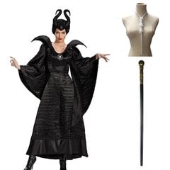 Helovīna Cosplay kostīms Maleficent Dark Witch Cosplay kostīms, melna kleita ar galvassegu kaklarotu un burvju nūjiņu cena un informācija | Karnevāla tērpi, maskas | 220.lv