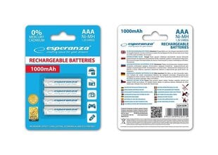 Esperanza EZA102W RECHARGEABLE BATTERIES Ni-MH AAA 1000MAH 4PCS. - WHITE cena un informācija | Baterijas | 220.lv