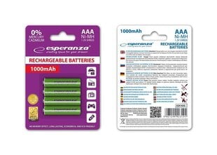 Uzlādējamās baterijas Esperanza EZA102G RECHARGEABLE BATTERIES Ni-MH AAA 1000MAH 4PCS. - ZIELONE, 4 gab. cena un informācija | Esperanza Mājai un remontam | 220.lv