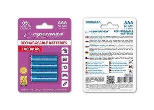 Перезаряжаемые батарейки esperanza AAA, 1000 мАч, 4 шт., синие цена и информация | Батарейки | 220.lv