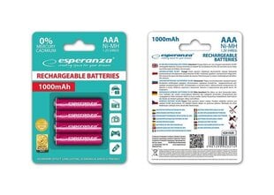 Перезаряжаемые батарейки esperanza AAA, 1000mAh, 4шт, красный цена и информация | Батареи | 220.lv