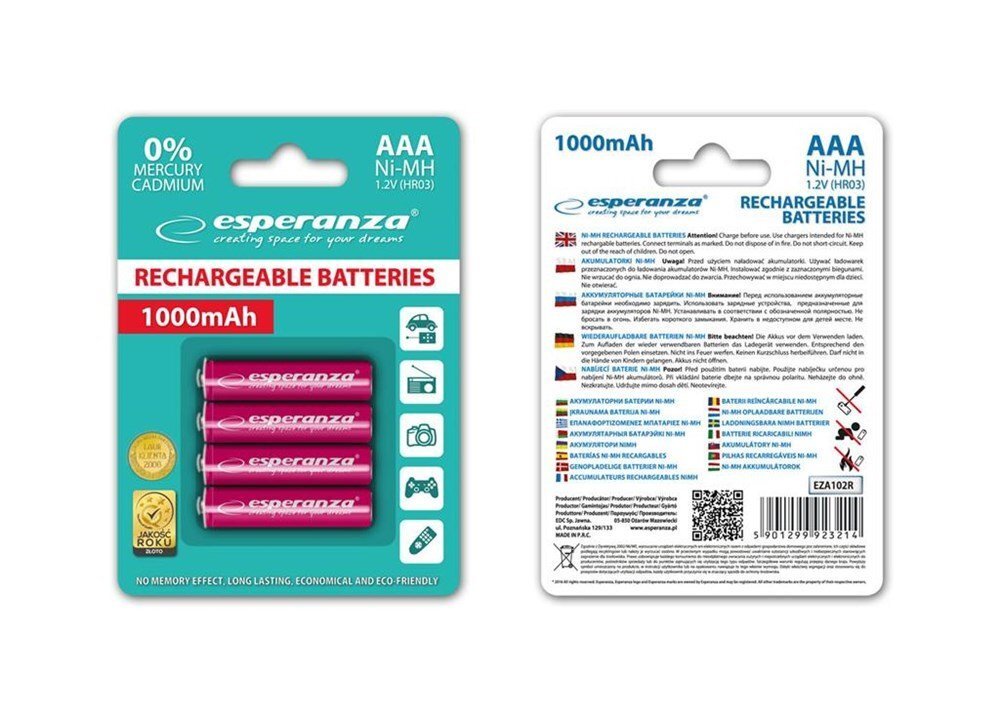 Lādējamās baterijas esperanza AAA, 1000mAh, 4gab, sarkanas cena un informācija | Baterijas | 220.lv