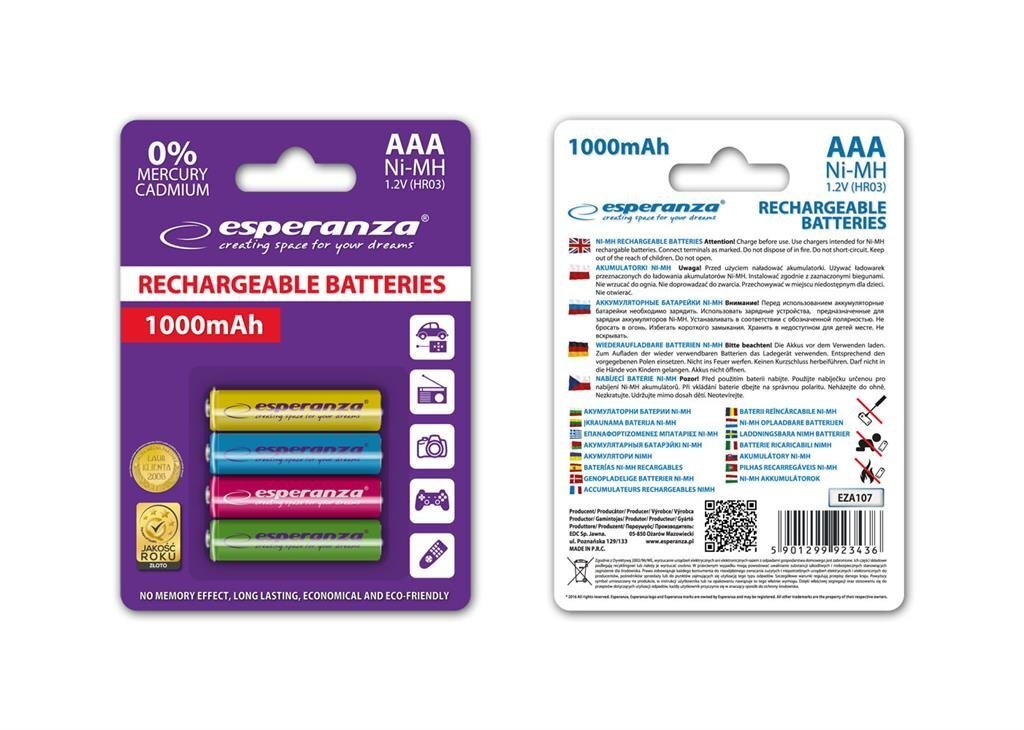 Lādējamās baterijas Esperanza Ni-MH 1000mAh 4gab. dažādās krāsās cena un informācija | Baterijas | 220.lv