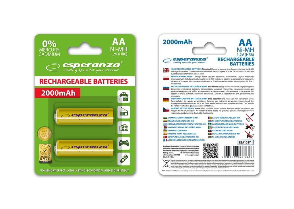 Lādējamās AA baterijas Esperanza, 2000mAh, dzeltenas cena un informācija | Baterijas | 220.lv