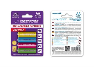 Перезаряжаемые батарейки Esperanza Ni-MH 2000mAh 4 шт., в разных цветах цена и информация | Батарейки | 220.lv