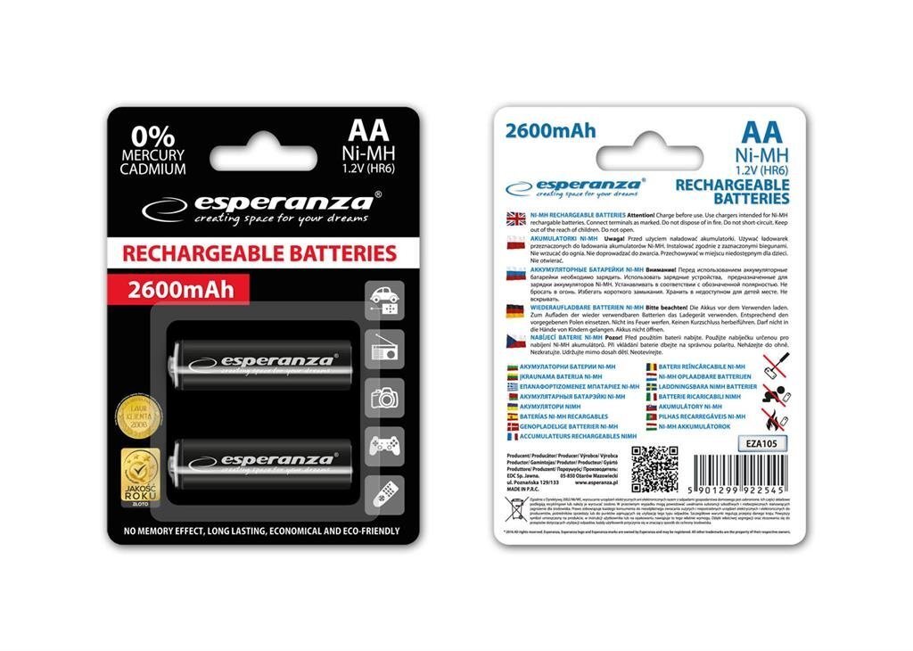 Augstas ietilpības lādējamās baterijas Esperanza 2600mAh, 2gab цена и информация | Baterijas | 220.lv