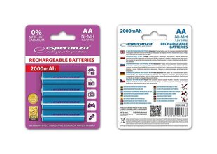 Esperanza EZA104B Uzlādējama baterija Ni-MH AA 2000MAH x4 цена и информация | Батарейки | 220.lv