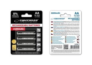 Esperanza EZA106 RECHARGEABLE BATTERIES Ni-MH AA 2600MAH 4PCS - BLACK cena un informācija | Baterijas | 220.lv
