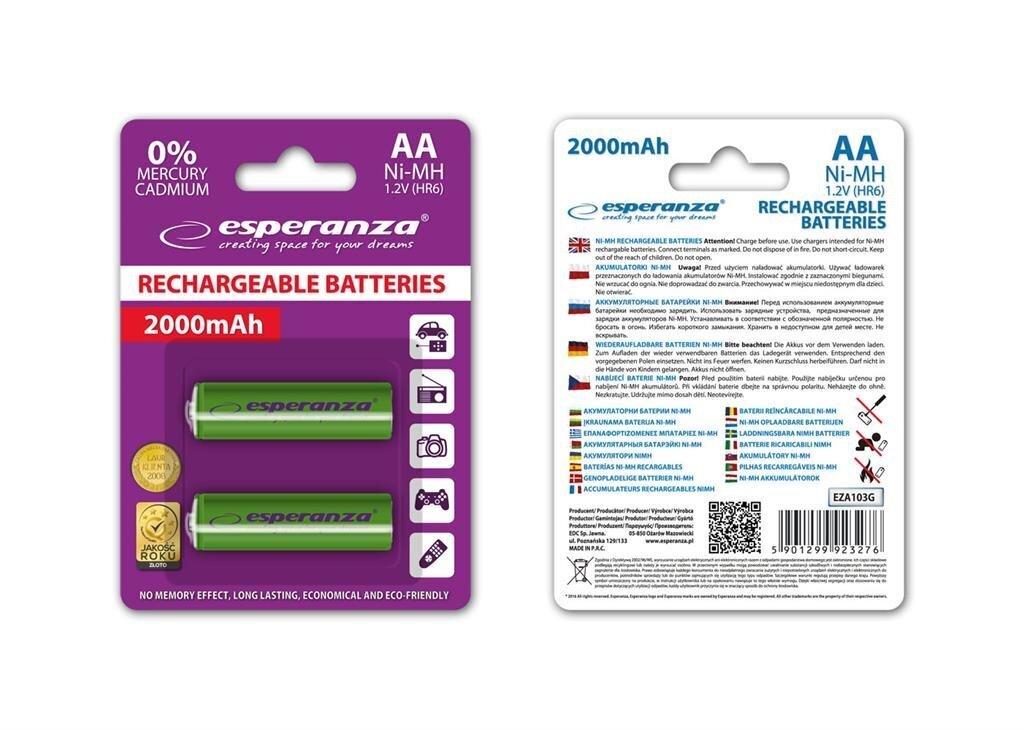 Esperanza EZA103G Uzlādējama baterija Ni-MH AA 2000MAH x2 цена и информация | Baterijas | 220.lv