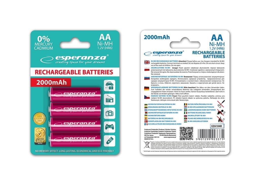 Uzlādējamās baterijas Esperanza EZA104R RECHARGEABLE BATTERIES Ni-MH AA 2000MAH 4PCS - RED, 4 gab. cena un informācija | Baterijas | 220.lv