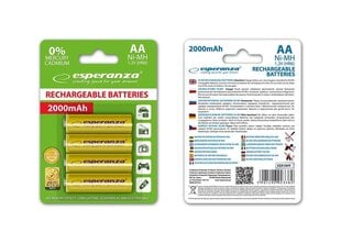 Lādējamās baterijas esperanza Ni-MH, AA, 2000mAh, 4gab., dzeltenas cena un informācija | Akumulatori, lādētāji un piederumi | 220.lv