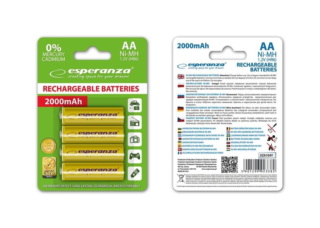 Lādējamās baterijas esperanza Ni-MH, AA, 2000mAh, 4gab., dzeltenas цена и информация | Baterijas | 220.lv