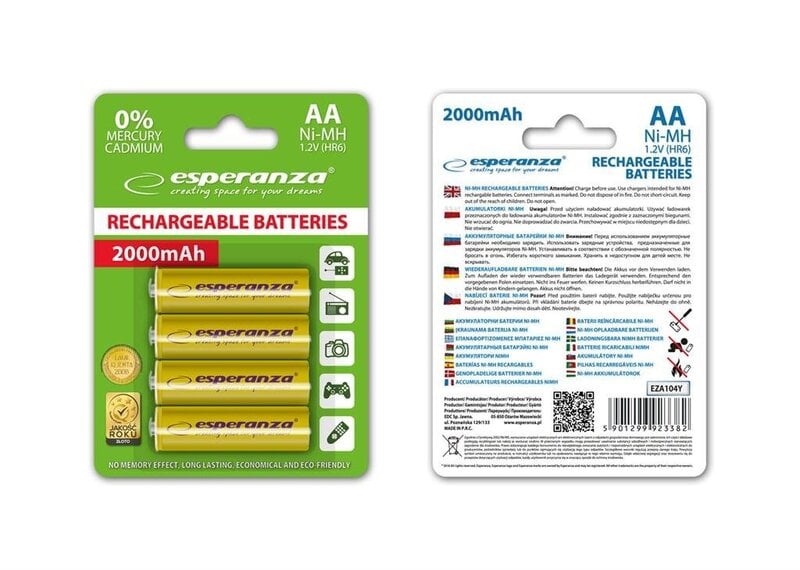 ПерезаряжаемыебатарейкиesperanzaNi-MH,AA,2000мАч,4шт.,желтые