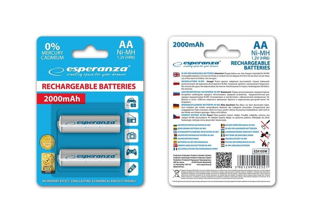 Lādējamas AA baterijas Esperanza EZA103W, 2000mAh, baltas cena un informācija | Baterijas | 220.lv