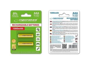 Esperanza EZA101Y Ni-MH AAA 1000MAH 2vnt cena un informācija | Esperanza Mājai un remontam | 220.lv