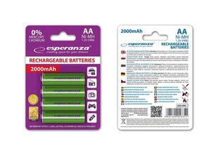 Lādējamās baterijas esperanza Ni-MH, AA, 2000mAh, 4gab., zaļas cena un informācija | Esperanza Mājai un remontam | 220.lv