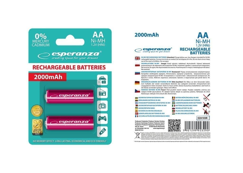 Lādējamās AA baterijas Esperanza EZA103R, 2000 mAh, sarkanas cena un informācija | Baterijas | 220.lv