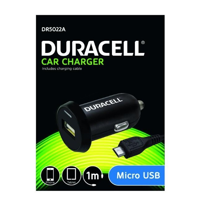 Duracell Universāls 2.4A Vienas USB Ligzdas Auto 12V-24V DC 5V Lādētājs + Micro USB kabelis 1m Telefonam / Planšetdatoram Melns цена и информация | Lādētāji un adapteri | 220.lv