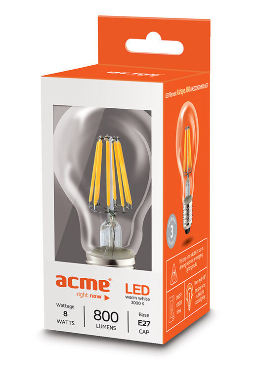 Spuldze ACME LED Filament Ashape A60 8W E27 цена и информация | Spuldzes | 220.lv