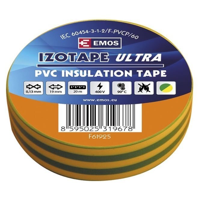 Izolācijas lente PVC 19mm/20m green/yellow, EMOS цена и информация | Rokas instrumenti | 220.lv
