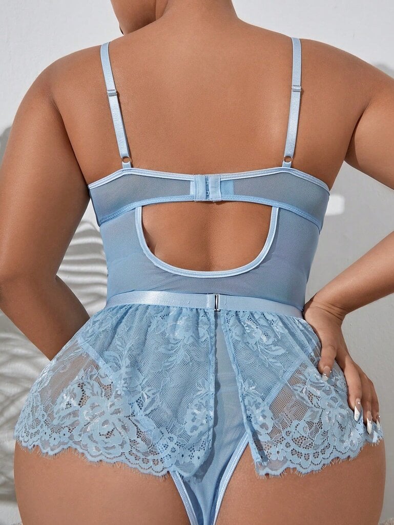 Klasisks Sexy Plus ziedu mežģīņu apakšveļas komplekts ar prievītēm · Baby Blue · 2XL цена и информация | Sieviešu bodiji, apakškrekli | 220.lv