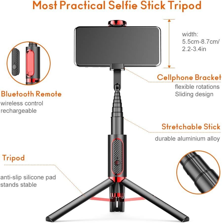 Selfie Stick Bluetooth, alumīnija Selfie Stick statīvs Mobilā tālruņa statīvs ar tālvadības aizvaru iPhone 14/13/12 Pro Max, Samsung, Huawei un citu mobilo tālruņu pašbildēm (sarkans) цена и информация | Auto turētāji | 220.lv