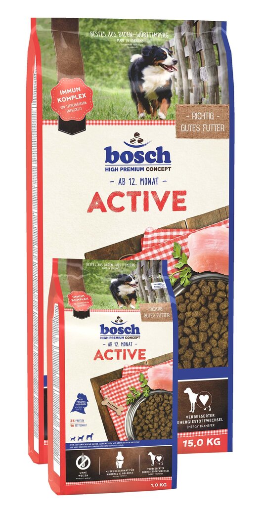 Sausā barība Bosch Petfood Active (High Premium) 15kg + 1kg DĀVANĀ! cena un informācija | Sausā barība suņiem | 220.lv