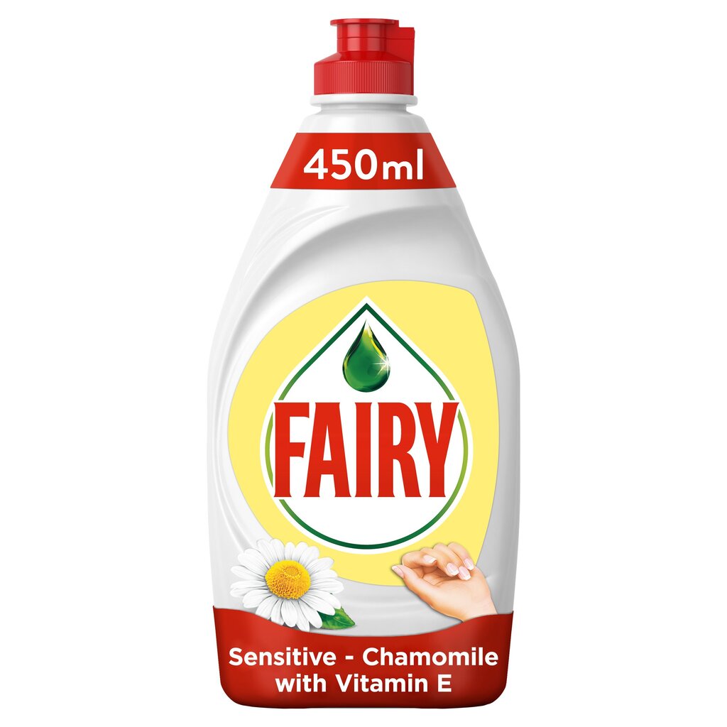 Trauku mazgāšanas līdzeklis FAIRY Sensitive Chamomile & Vit E, 0,45 l cena un informācija | Trauku mazgāšanas līdzekļi | 220.lv