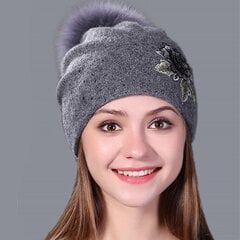 (pelēka cepure rozā pom) Īsta ūdele Pom Poms Vilna Truša kažokāda Trikotāžas cepure Skullies Ziemas cepure sievietēm Meitenēm Cepure Beanies Ziemassvētku sniega cepure цена и информация | Женские шапки | 220.lv