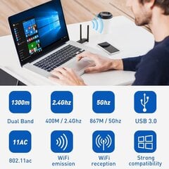 1300 Mb/s USB 3.0 Wi-Fi adapteris PC 2,4 GHz/5,8 GHz Dual Band Internet Stick ar 2 x 5 dBi antenu personālajam datoram/galddatoram/klēpjdatoram, saderīgs ar Windows 11/10/8/7/Vista/XP, Mac OS цена и информация | Адаптеры и USB разветвители | 220.lv