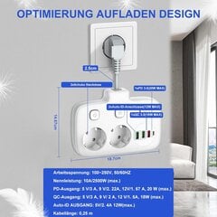 Dubultā spraudnis kontaktligzdai, vairākas ligzdas ar USB un Type-C, 2,5 cm Īsi kabeļi, 3 neatkarīgi slēdži, 2500W, Balts цена и информация | Электрические выключатели, розетки | 220.lv