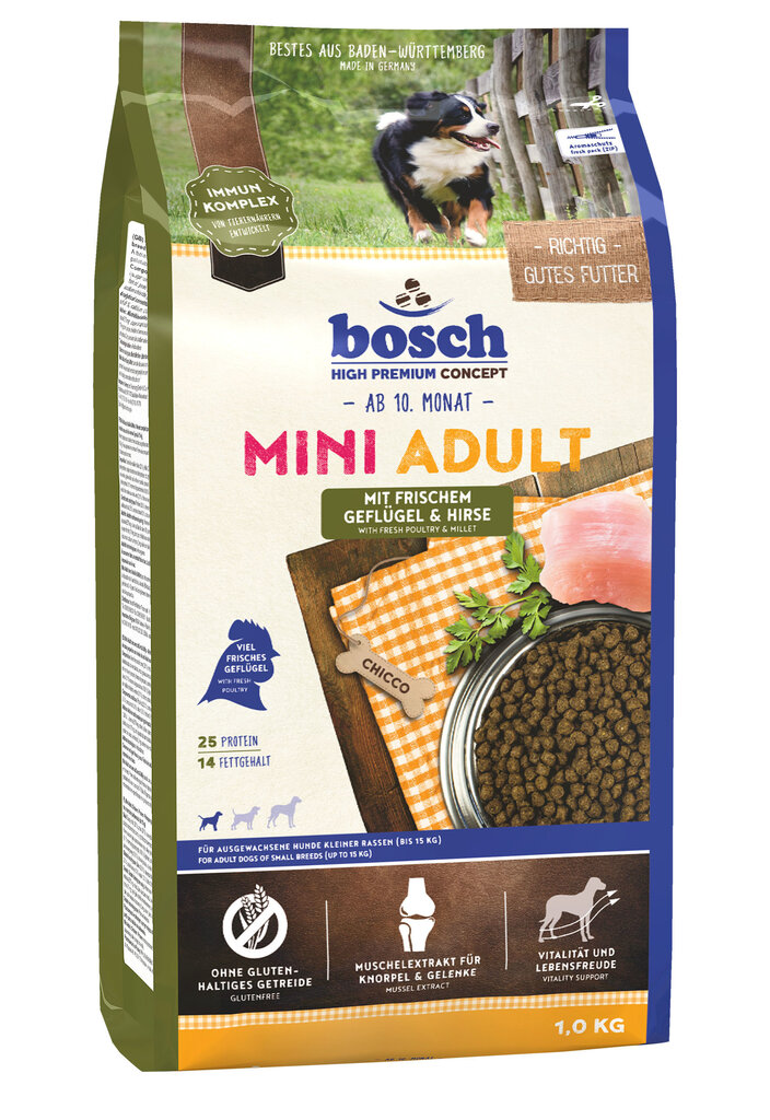 Sausā barība Bosch Petfood Mini Adult Poultry & Millet (High Premium) 1kg цена и информация | Sausā barība suņiem | 220.lv