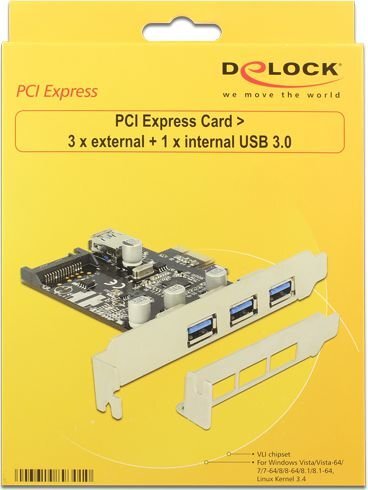 Delock PCI Express Card > 3 x external + 1 x internal USB 3.0 cena un informācija | Kontrolieri | 220.lv