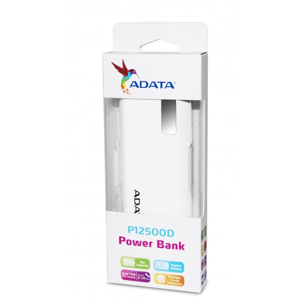 ADATA P12500D Power Bank, 12500mAh Balts cena un informācija | Lādētāji-akumulatori (Power bank) | 220.lv