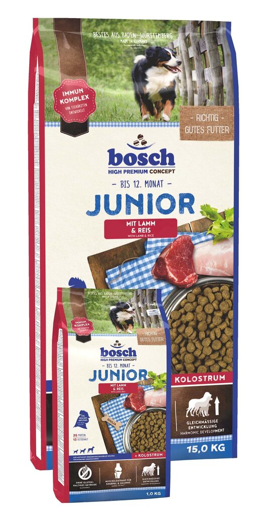 Подарок+ Сухой корм Bosch Junior Lamb & Rice 15 кг+1 kг цена | 220.lv