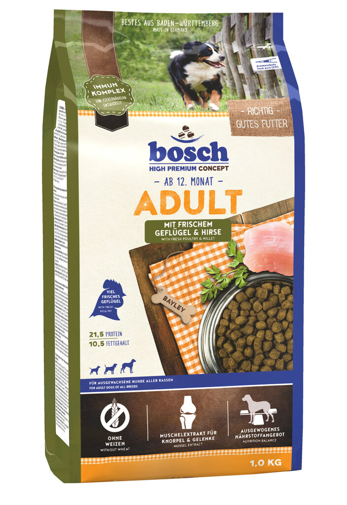Sausā barība Bosch Petfood Adult Poultry & Millet (High Premium) 1kg cena un informācija | Sausā barība suņiem | 220.lv